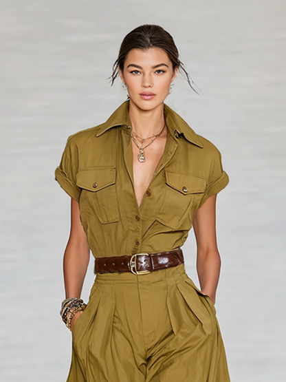 Women's Cotton Blend Lapel Single-breasted Short-sleeved Shirt Maxi Dress