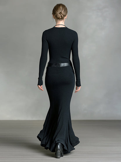 Women's Knitted V-neck Slim Long Sleeves Maxi Dress (Without Belt)MDA0717H5Y